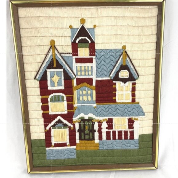 Vintage Other - VTG Bernat Victorian Home Framed Needlepoint Crewel Wall Art 17"x21" Handmade